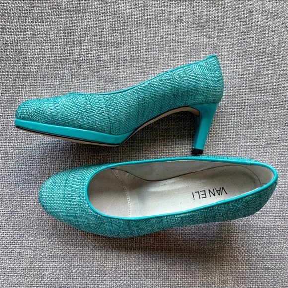 Vaneli Turquoise Fabric Patent Leather Pumps - Picture 2 of 4